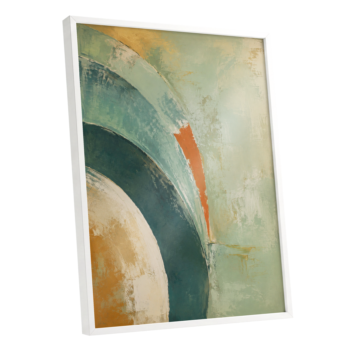 Verdigris Sweep, green, blue, beige abstract wall art shown as a white framed poster wall art print
