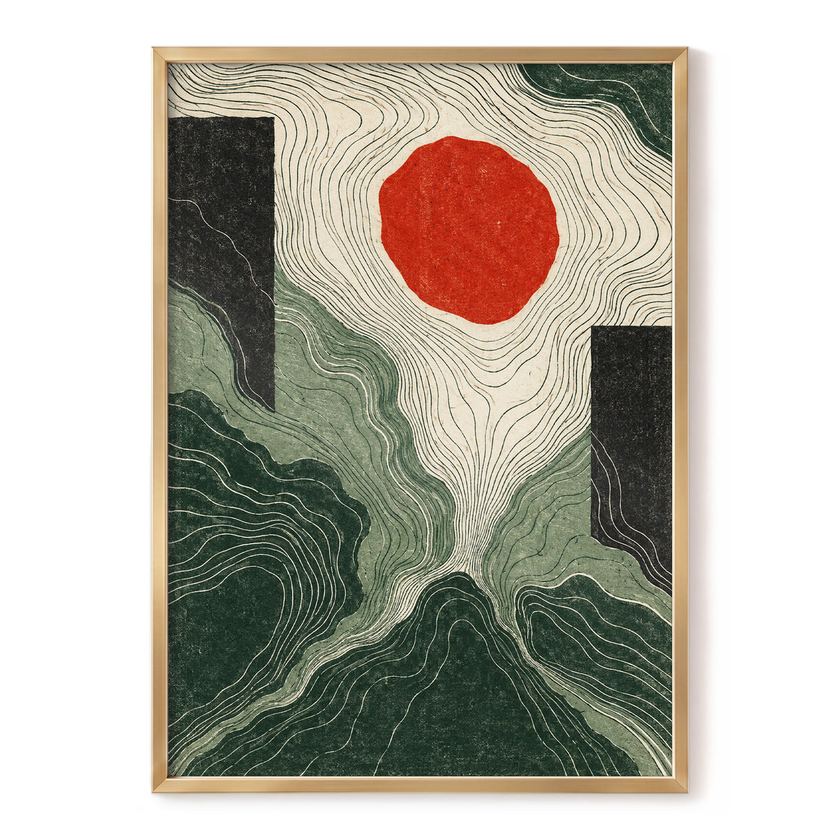 Vermilion Contours, green, beige, red abstract wall art, front artwork view