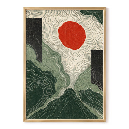 Vermilion Contours, green, beige, red abstract wall art, front artwork view