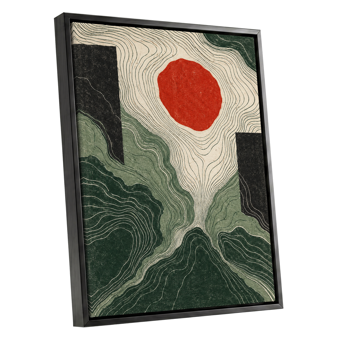 Vermilion Contours, green, beige, red abstract wall art shown as a black framed canvas wall art