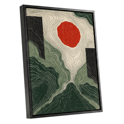 Vermilion Contours, green, beige, red abstract wall art shown as a black framed canvas wall art