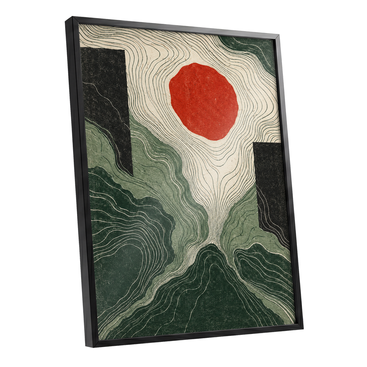 Vermilion Contours, green, beige, red abstract wall art shown as a black framed poster wall art print
