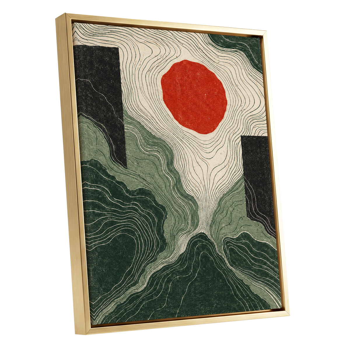 Vermilion Contours, green, beige, red abstract wall art shown as a gold framed canvas wall art
