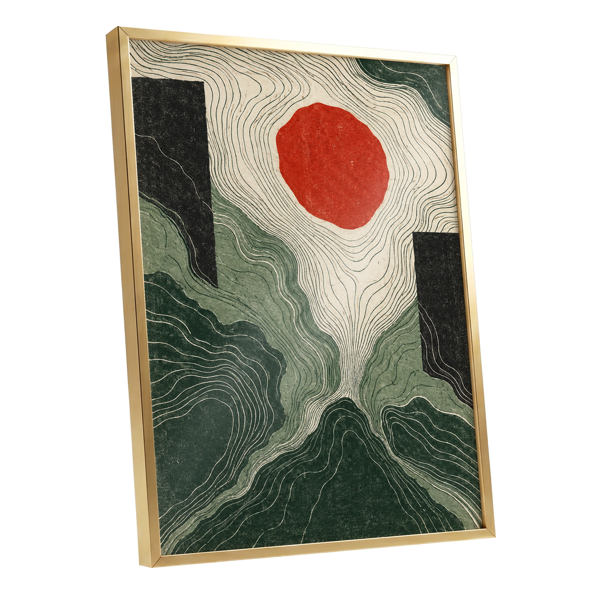 Vermilion Contours, green, beige, red abstract wall art shown as a gold framed poster wall art print