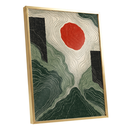 Vermilion Contours, green, beige, red abstract wall art shown as a gold framed poster wall art print