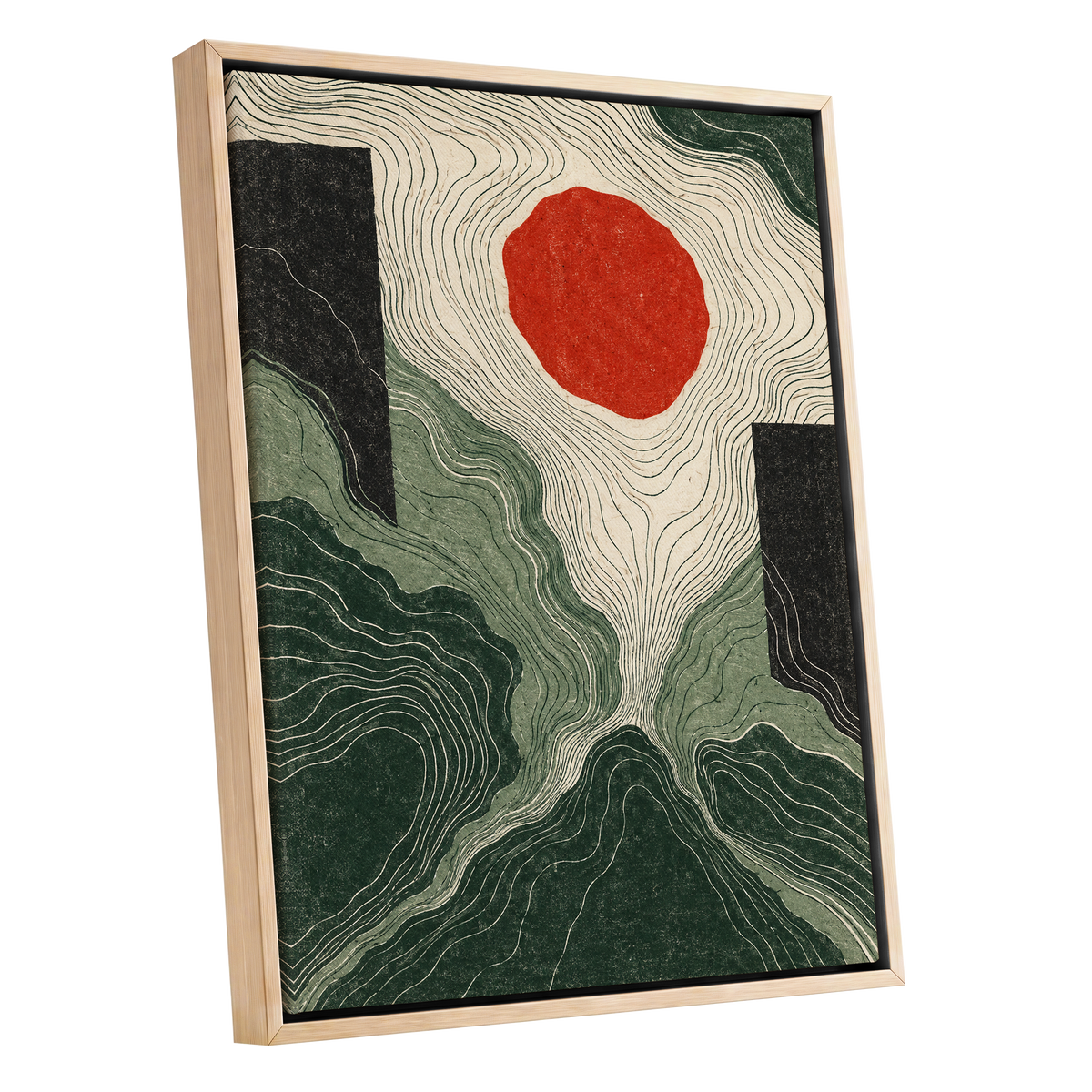 Vermilion Contours, green, beige, red abstract wall art shown as a oak framed canvas wall art