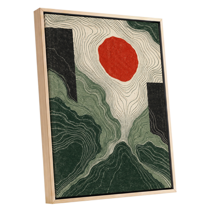 Vermilion Contours, green, beige, red abstract wall art shown as a oak framed canvas wall art