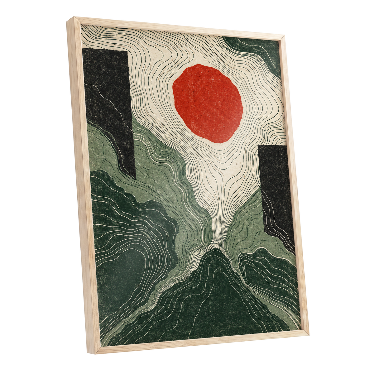 Vermilion Contours, green, beige, red abstract wall art shown as a oak framed poster wall art print