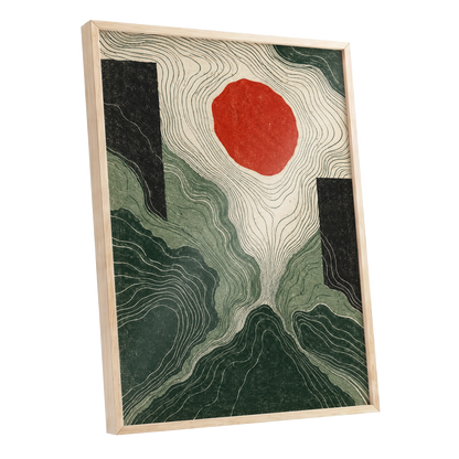 Vermilion Contours, green, beige, red abstract wall art shown as a oak framed poster wall art print