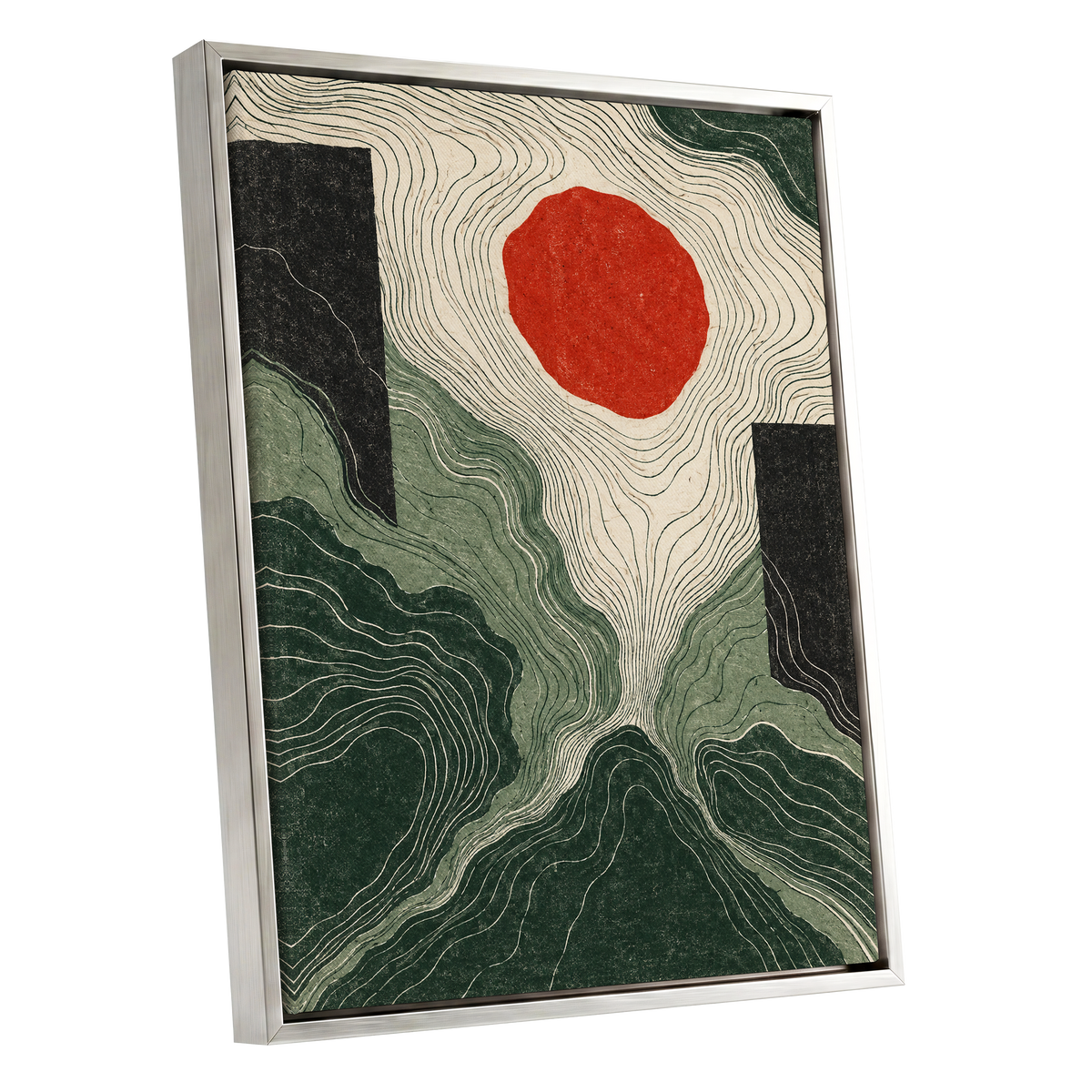 Vermilion Contours, green, beige, red abstract wall art shown as a silver framed canvas wall art