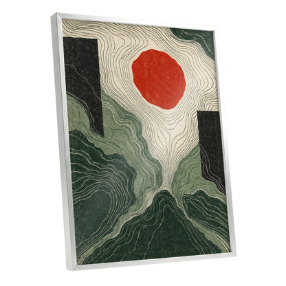 Vermilion Contours, green, beige, red abstract wall art shown as a silver framed poster wall art print