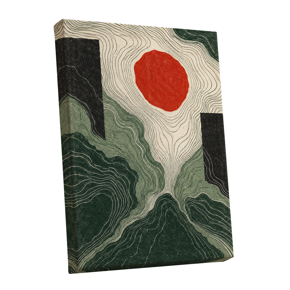 Vermilion Contours, green, beige, red abstract wall art shown as a stretched canvas wall art