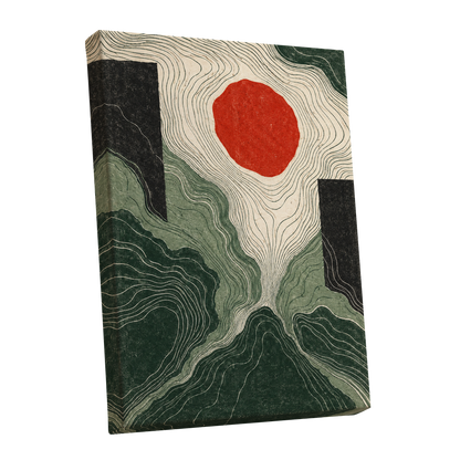 Vermilion Contours, green, beige, red abstract wall art shown as a stretched canvas wall art