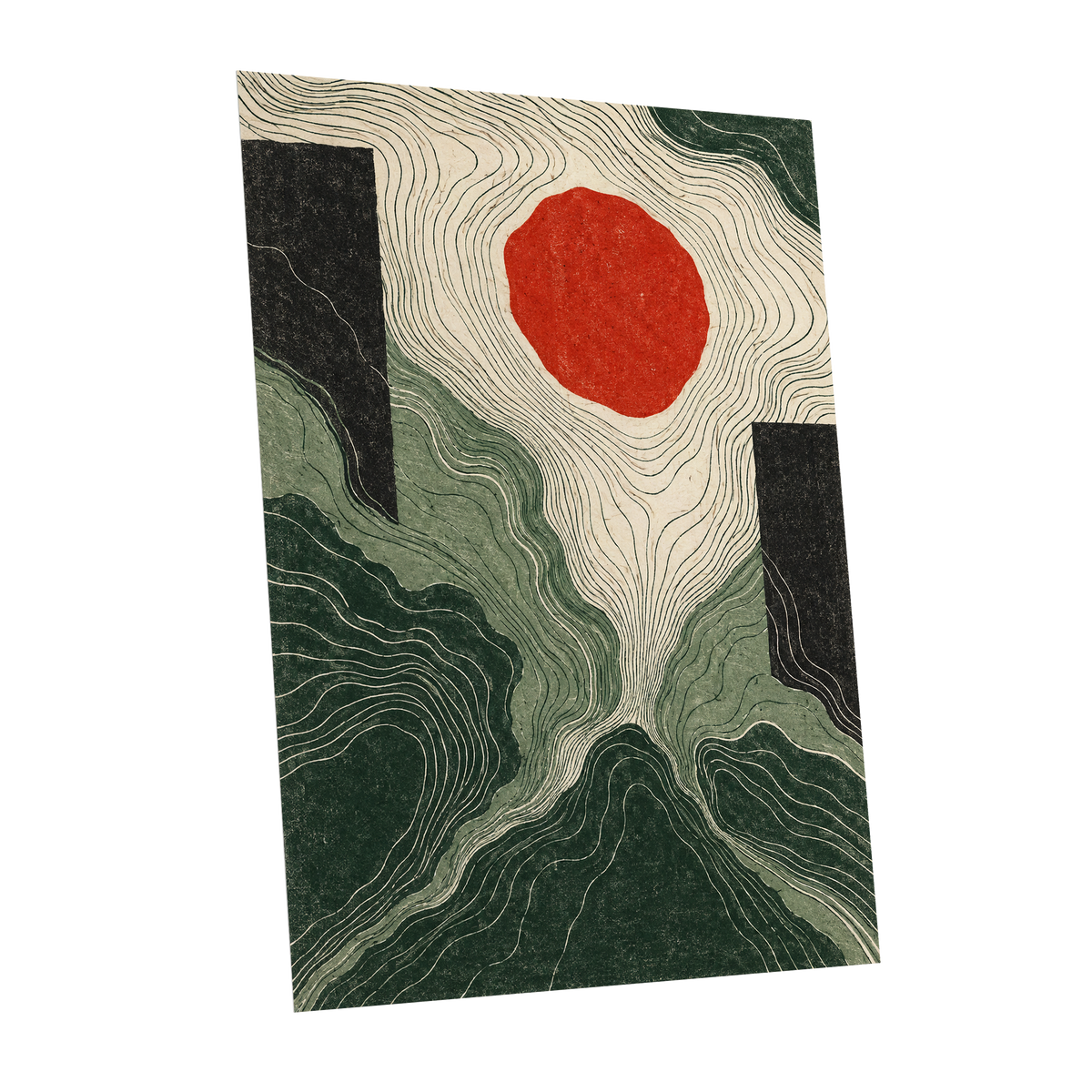 Vermilion Contours, green, beige, red abstract wall art shown as a unframed poster wall art print
