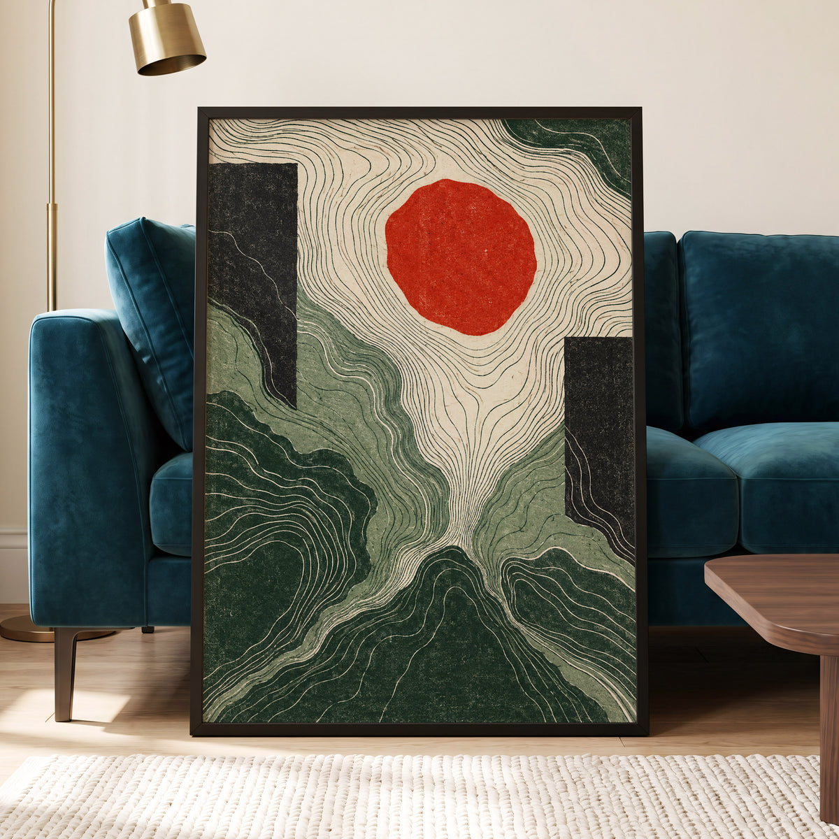 Vermilion Contours, green, beige, red abstract wall art displayed in a styled interior, gallery view 2