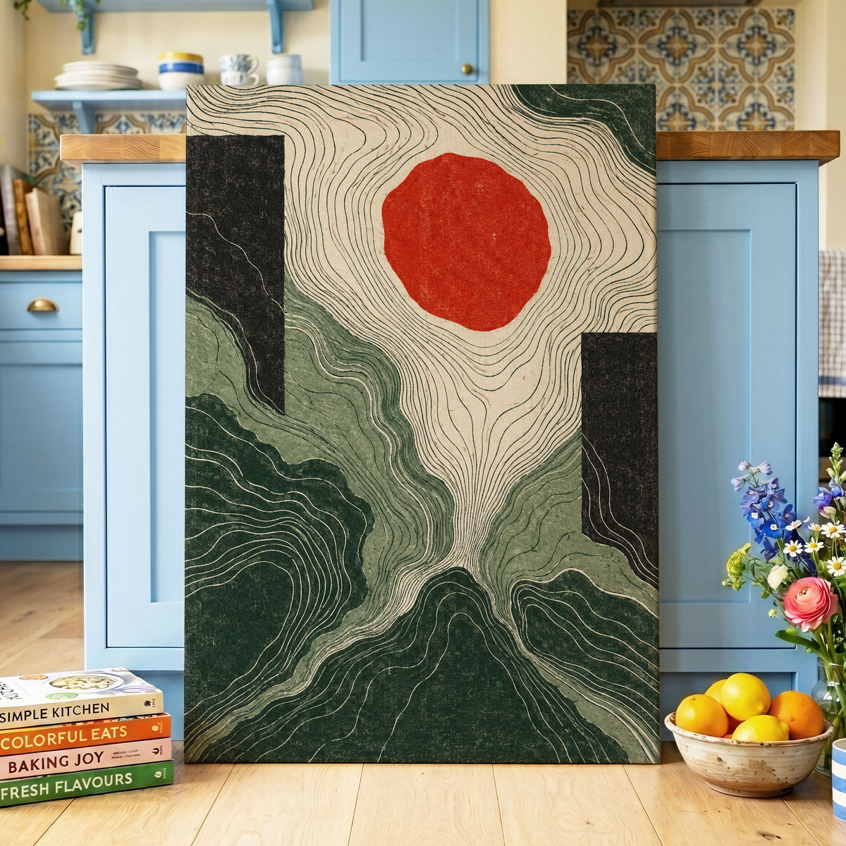 Vermilion Contours, green, beige, red abstract wall art displayed in a styled interior, gallery view 3