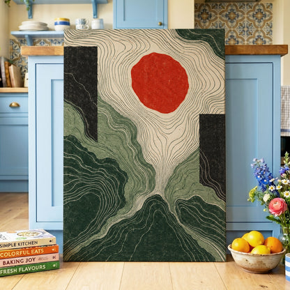 Vermilion Contours, green, beige, red abstract wall art displayed in a styled interior, gallery view 3