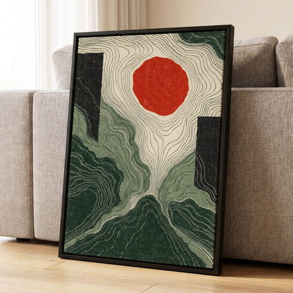 Vermilion Contours, green, beige, red abstract wall art displayed in a styled interior, gallery view 4