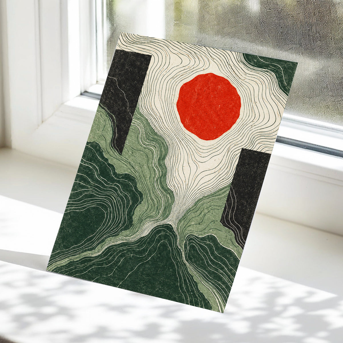 Vermilion Contours, green, beige, red abstract wall art displayed in a styled interior, gallery view 5