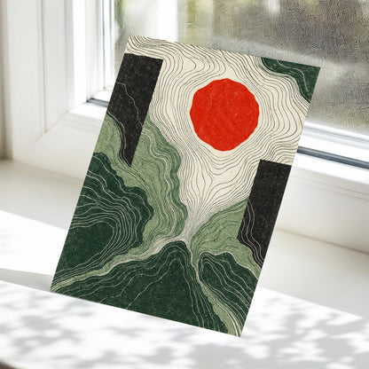 Vermilion Contours, green, beige, red abstract wall art displayed in a styled interior, gallery view 5