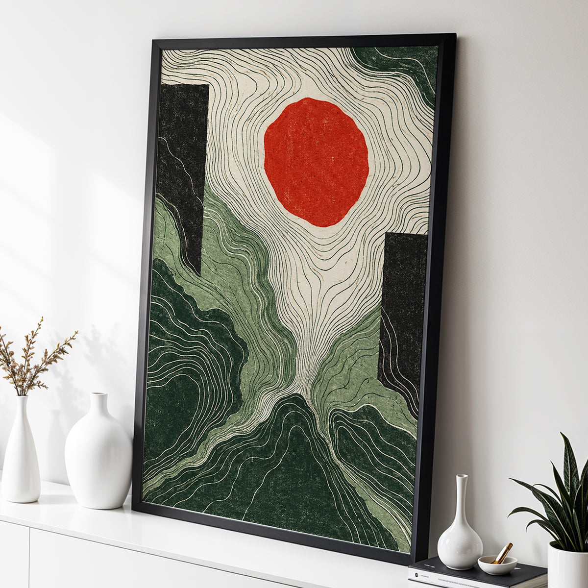 Vermilion Contours, green, beige, red abstract wall art displayed in a styled interior, gallery view 6