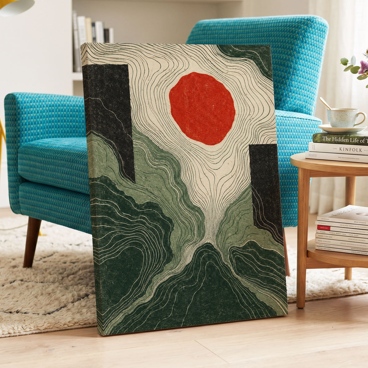 Vermilion Contours, green, beige, red abstract wall art displayed in a styled interior, gallery view 7