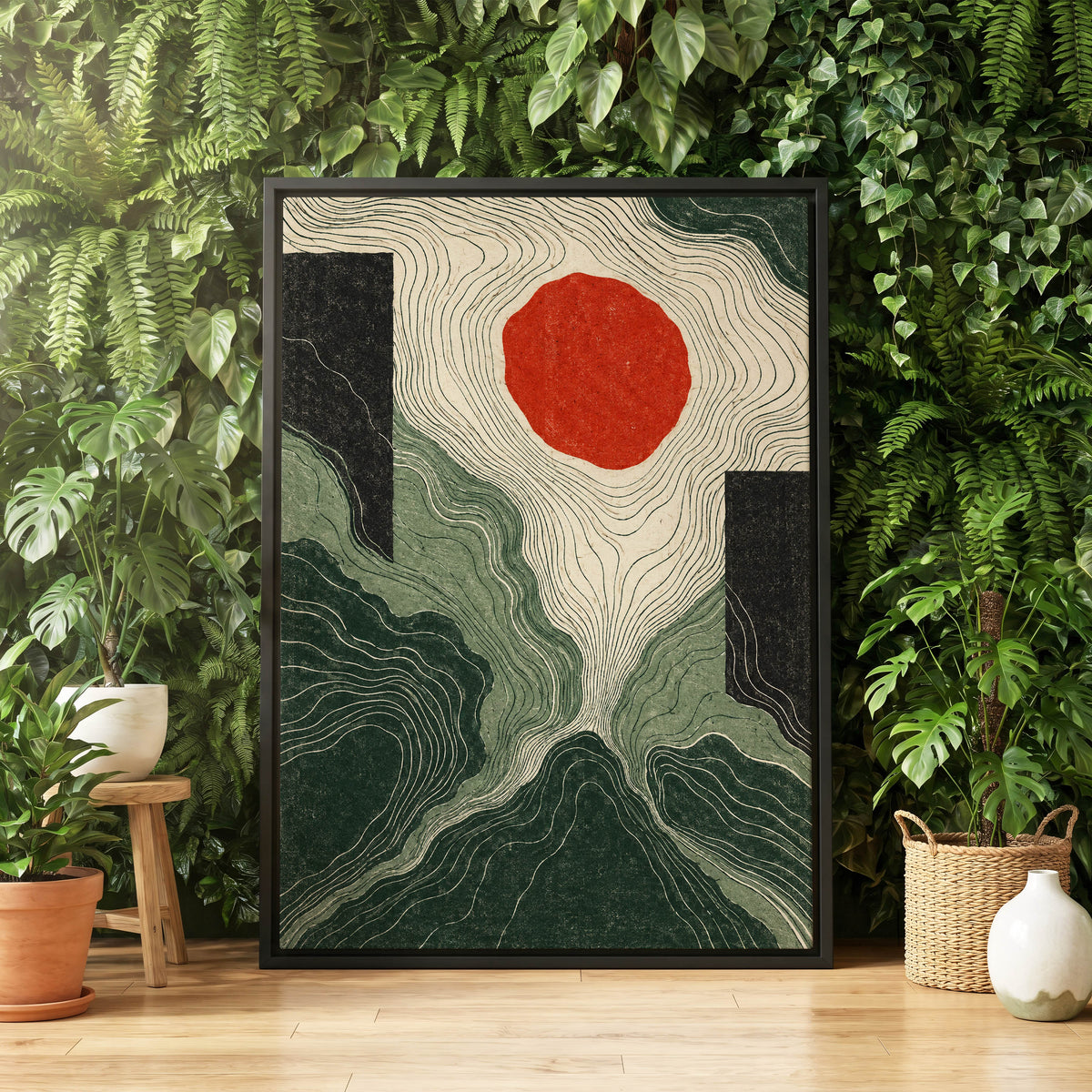 Vermilion Contours, green, beige, red abstract wall art displayed in a styled interior, gallery view 8