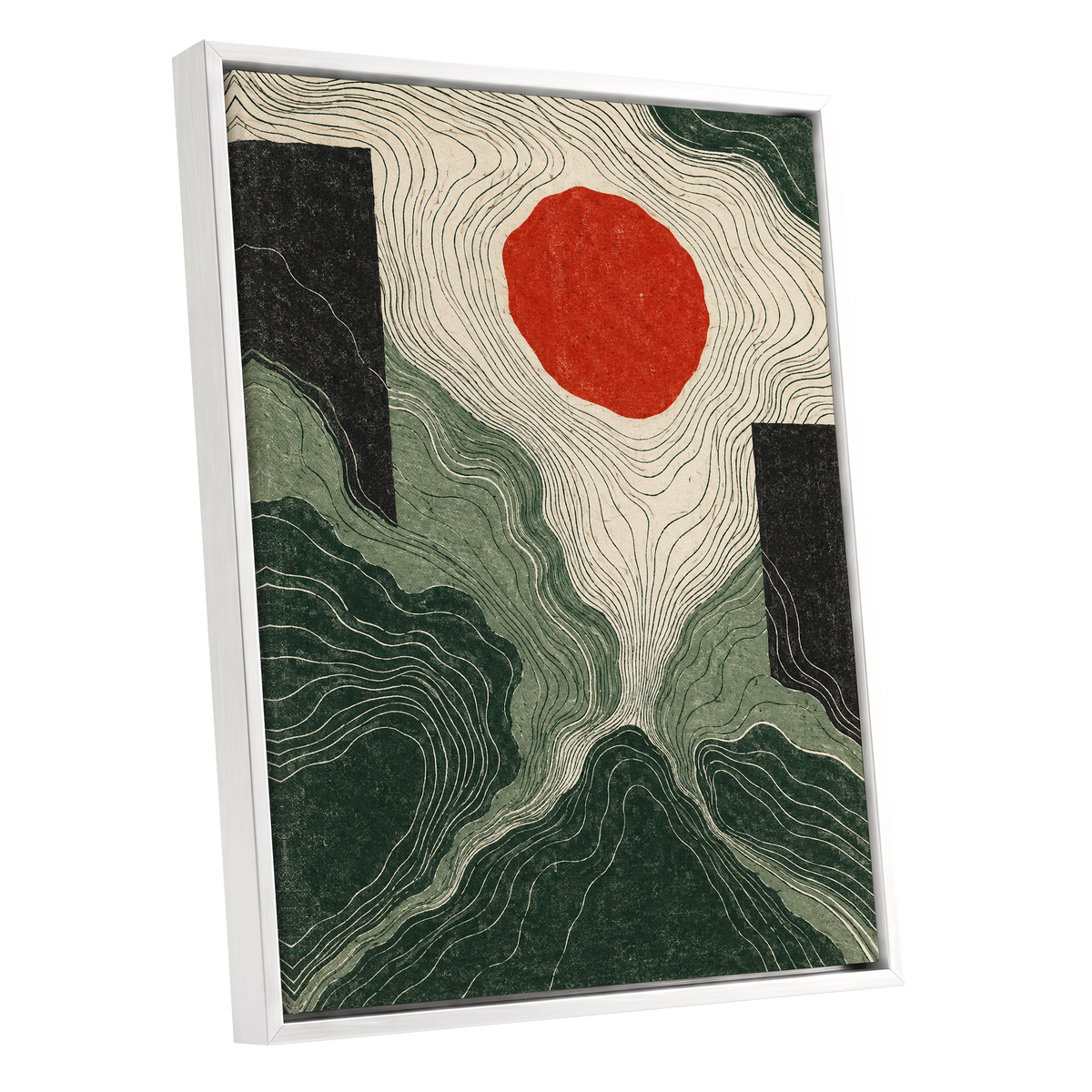 Vermilion Contours, green, beige, red abstract wall art shown as a white framed canvas wall art