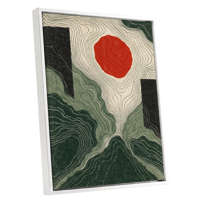 Vermilion Contours, green, beige, red abstract wall art shown as a white framed canvas wall art