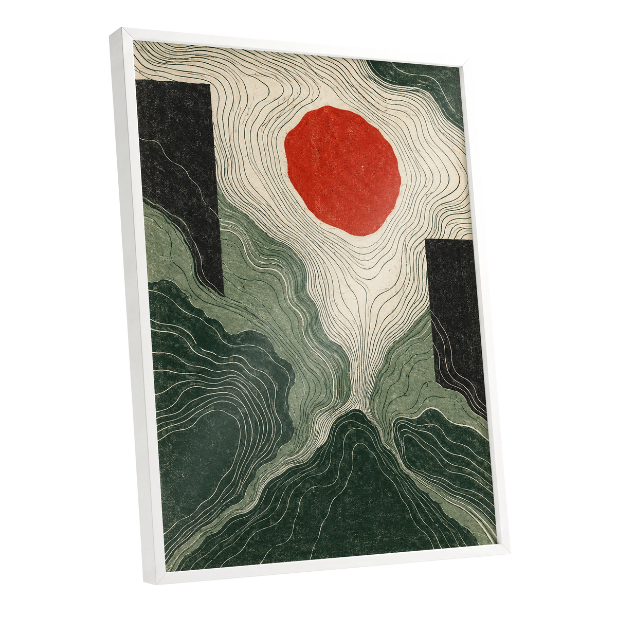 Vermilion Contours, green, beige, red abstract wall art shown as a white framed poster wall art print