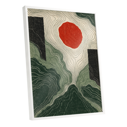 Vermilion Contours, green, beige, red abstract wall art shown as a white framed poster wall art print
