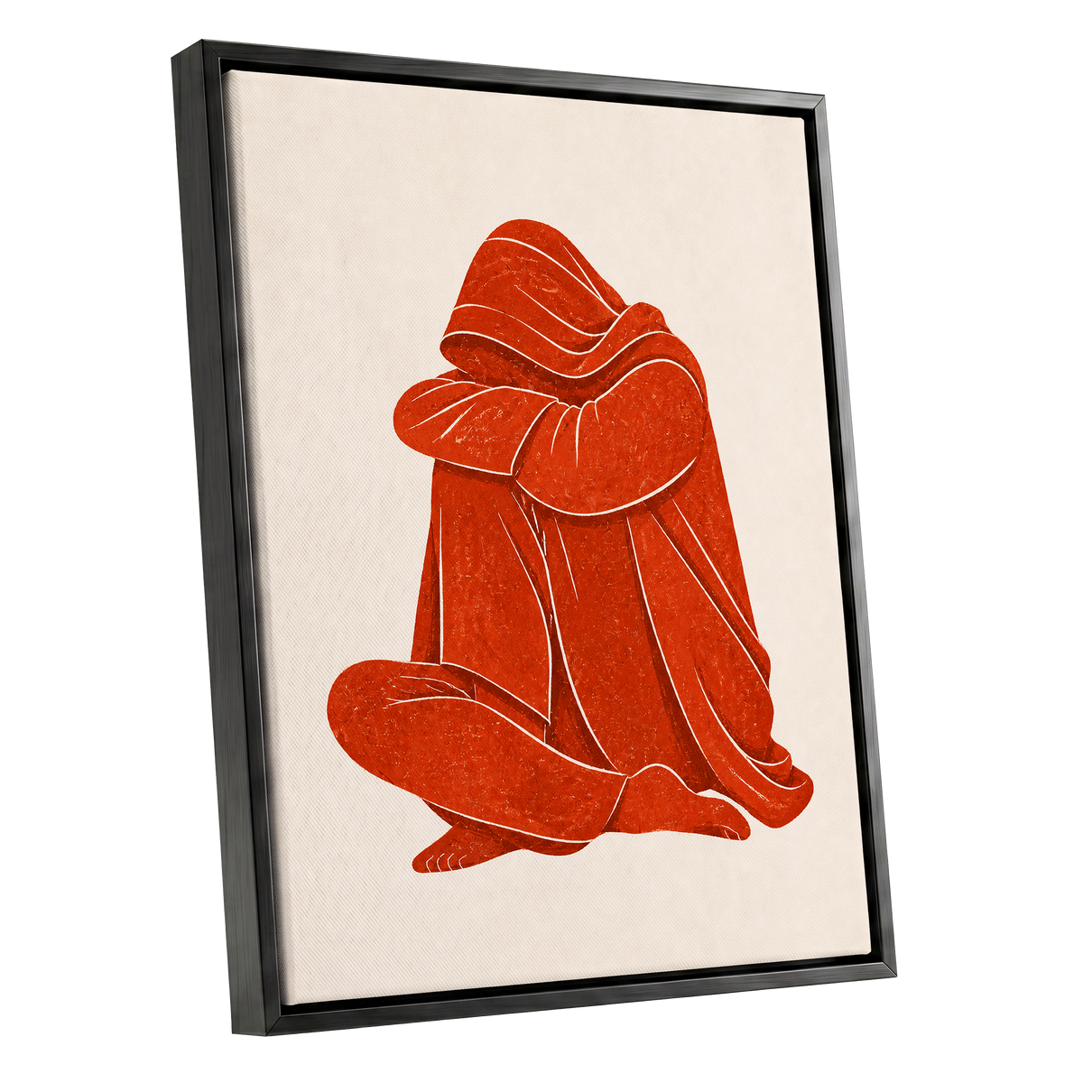 Vermilion Folds, red, orange, beige abstract wall art shown as a black framed canvas wall art