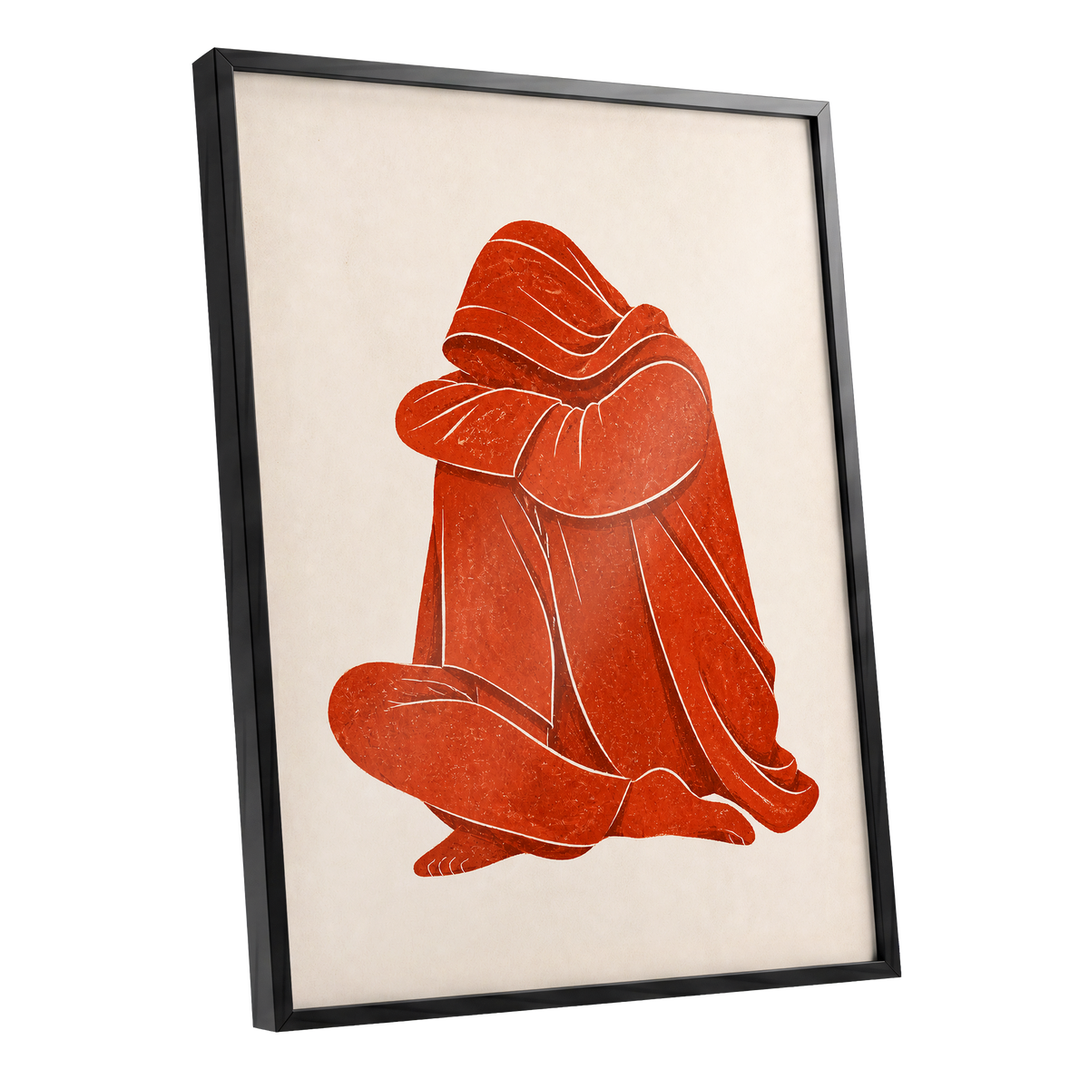 Vermilion Folds, red, orange, beige abstract wall art shown as a black framed poster wall art print