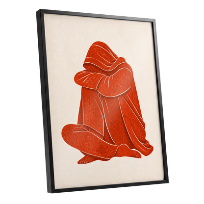 Vermilion Folds, red, orange, beige abstract wall art shown as a black framed poster wall art print