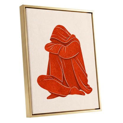 Vermilion Folds, red, orange, beige abstract wall art shown as a gold framed canvas wall art