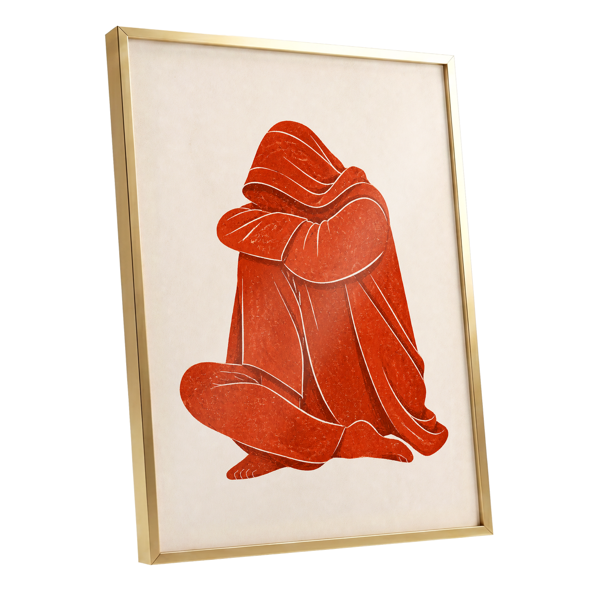 Vermilion Folds, red, orange, beige abstract wall art shown as a gold framed poster wall art print