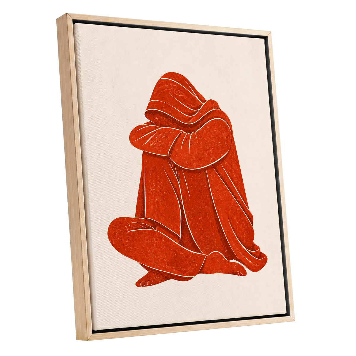 Vermilion Folds, red, orange, beige abstract wall art shown as a oak framed canvas wall art