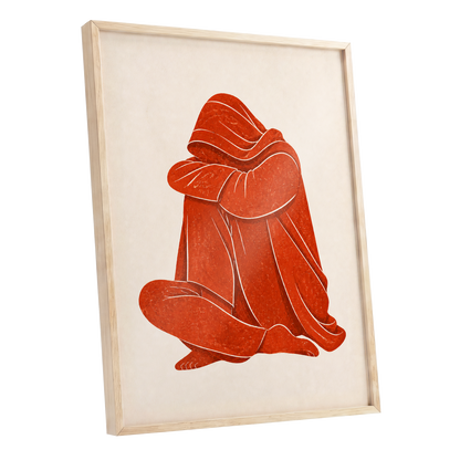 Vermilion Folds, red, orange, beige abstract wall art shown as a oak framed poster wall art print