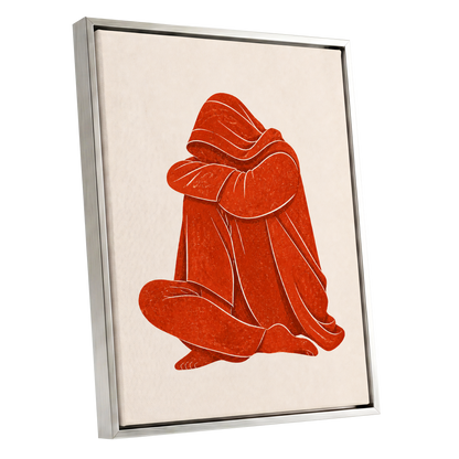 Vermilion Folds, red, orange, beige abstract wall art shown as a silver framed canvas wall art