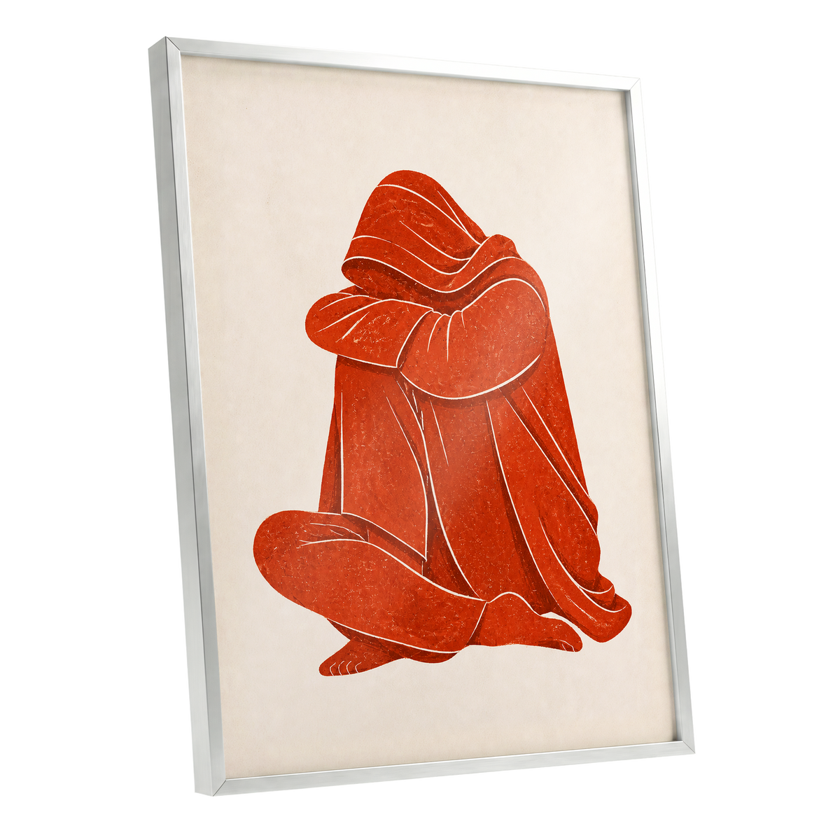Vermilion Folds, red, orange, beige abstract wall art shown as a silver framed poster wall art print