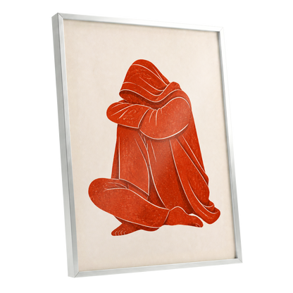 Vermilion Folds, red, orange, beige abstract wall art shown as a silver framed poster wall art print