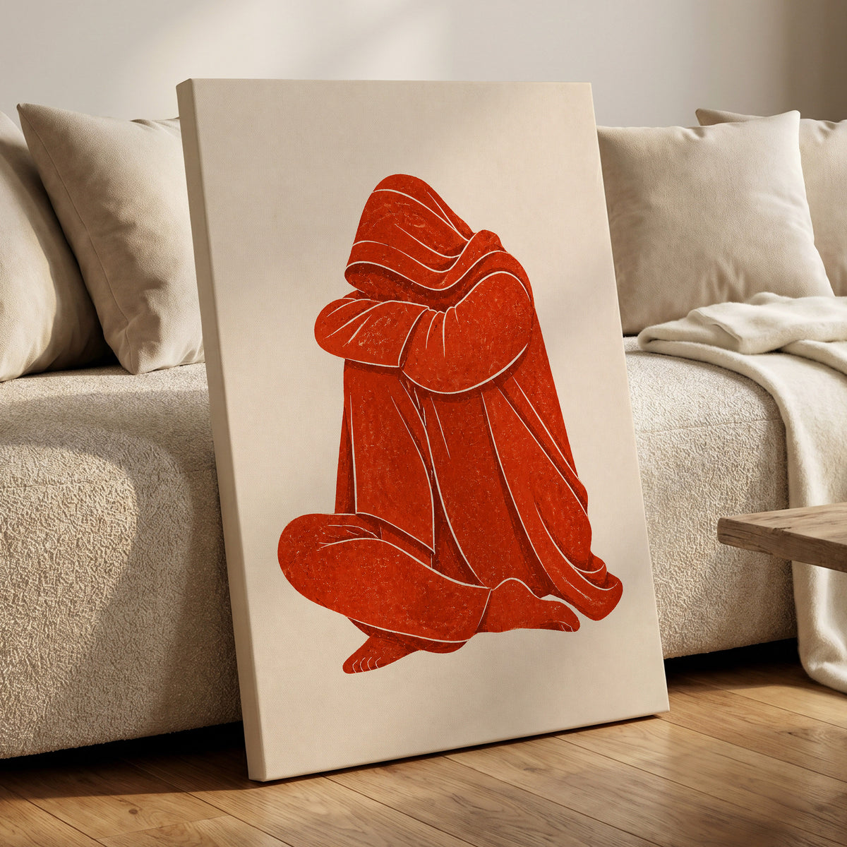 Vermilion Folds, red, orange, beige abstract wall art displayed in a styled interior, gallery view 3