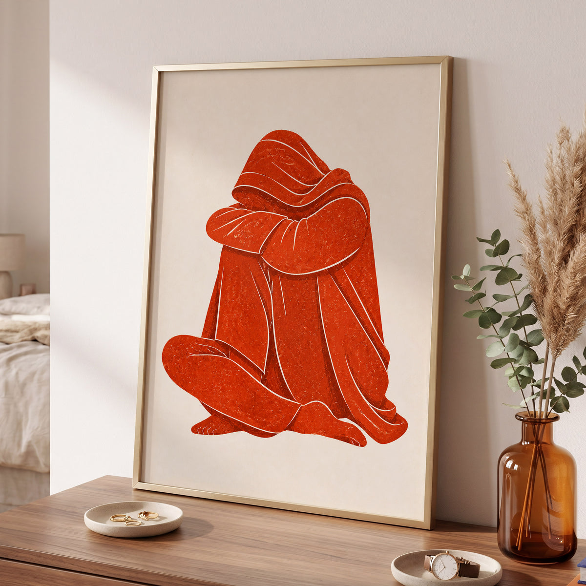 Vermilion Folds, red, orange, beige abstract wall art displayed in a styled interior, gallery view 6