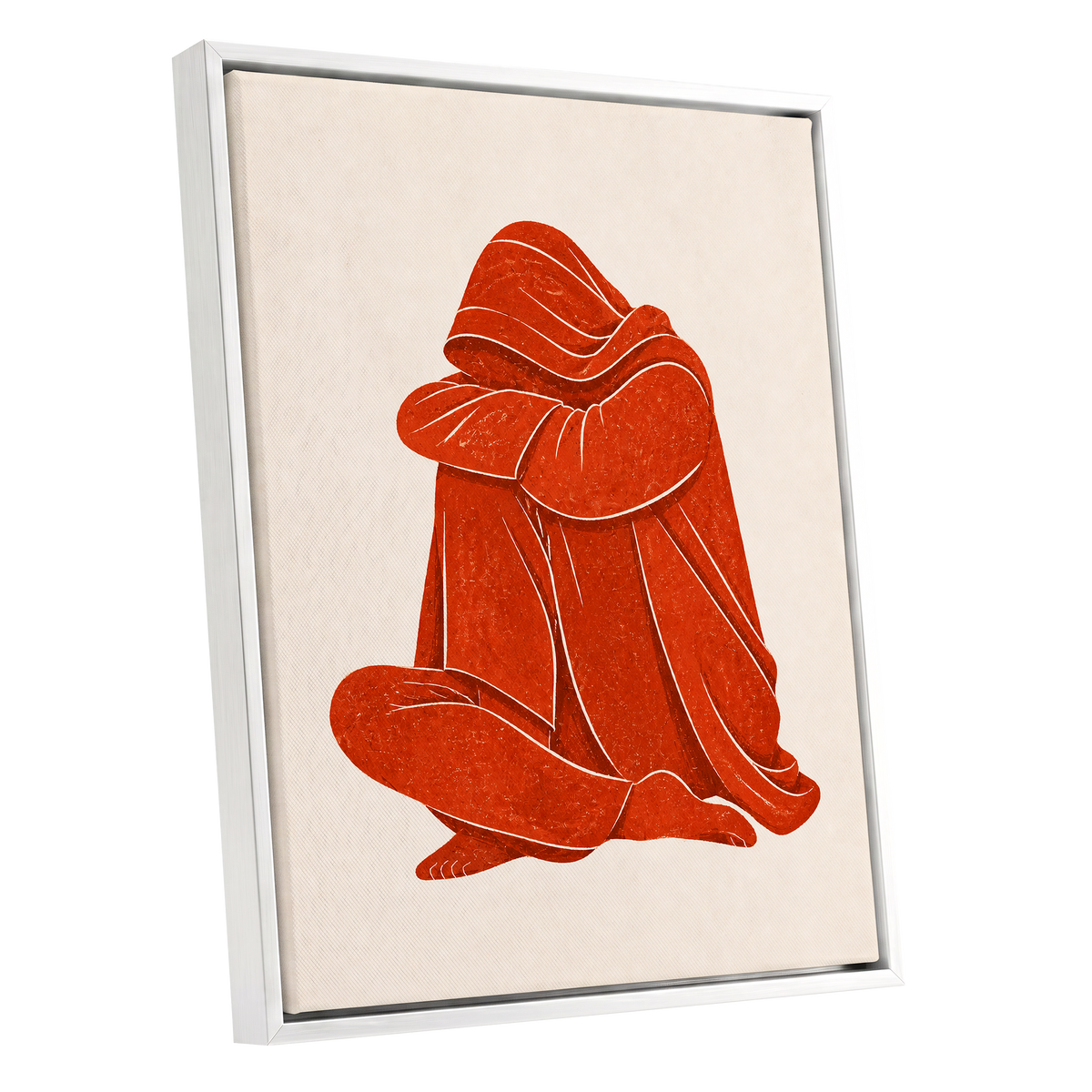 Vermilion Folds, red, orange, beige abstract wall art shown as a white framed canvas wall art