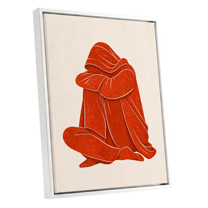 Vermilion Folds, red, orange, beige abstract wall art shown as a white framed canvas wall art