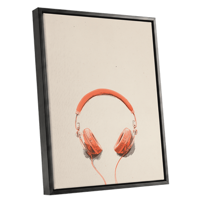 Vermilion Headphones, orange, beige, black minimalist wall art shown as a black framed canvas wall art