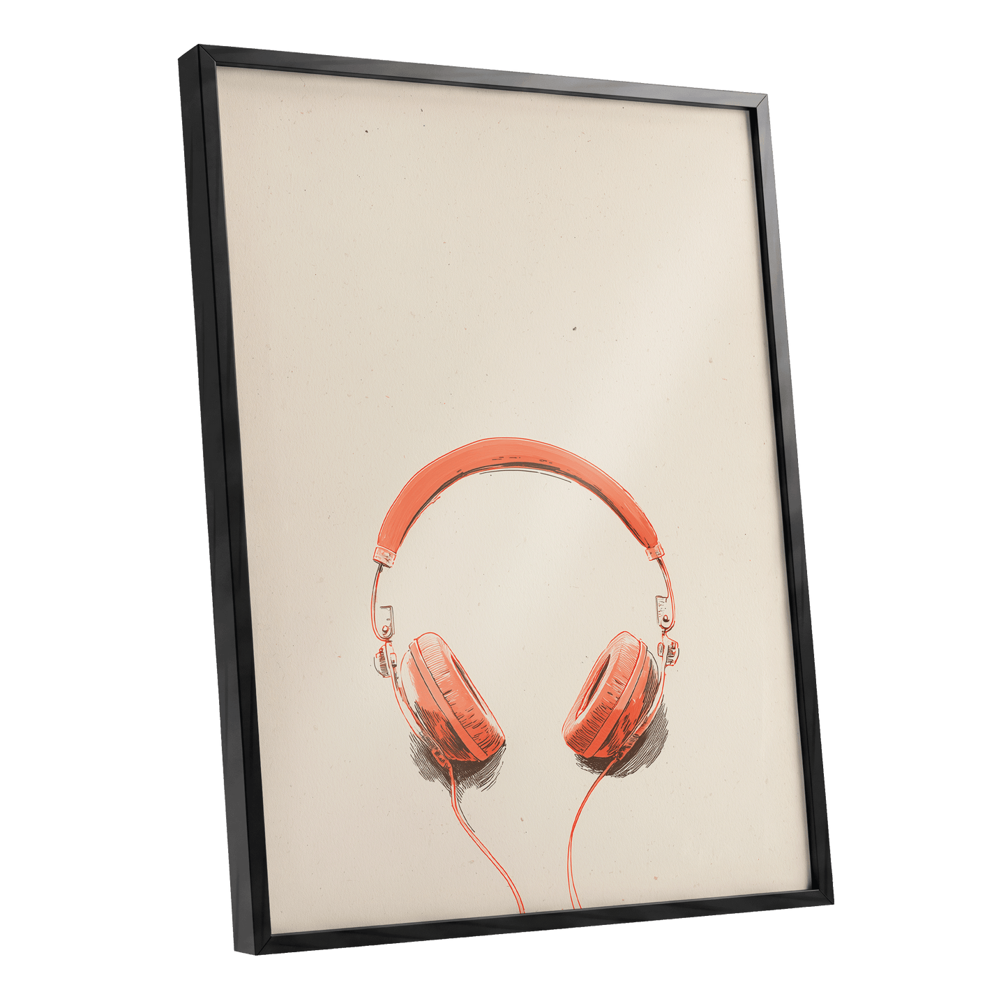 Vermilion Headphones, orange, beige, black minimalist wall art shown as a black framed poster wall art print