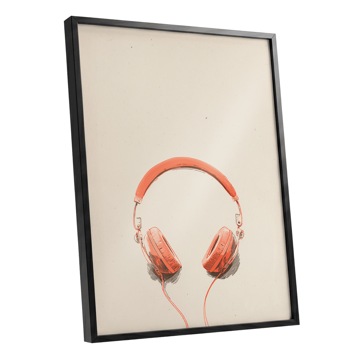Vermilion Headphones, orange, beige, black minimalist wall art shown as a black framed poster wall art print