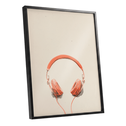 Vermilion Headphones, orange, beige, black minimalist wall art shown as a black framed poster wall art print