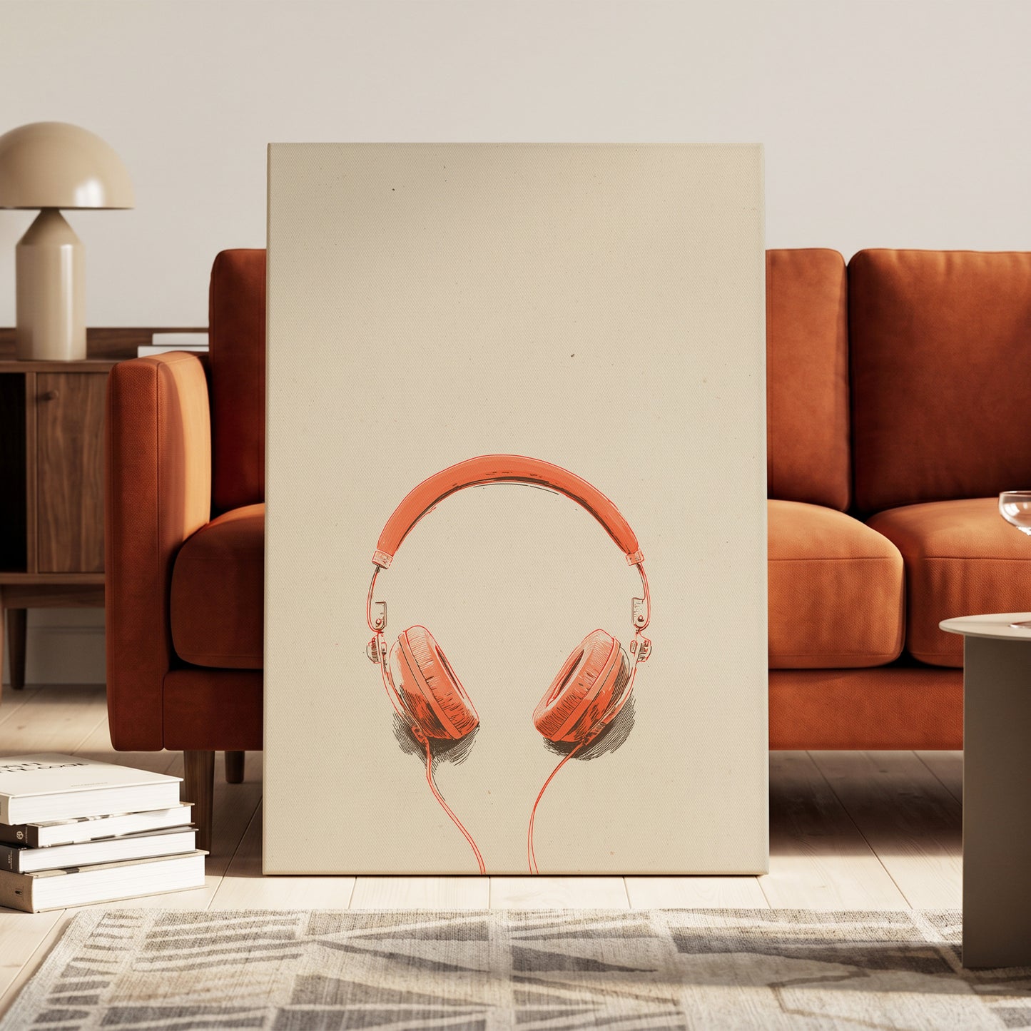 Vermilion Headphones, orange, beige, black minimalist wall art on canvas displayed in a styled interior, gallery view 1